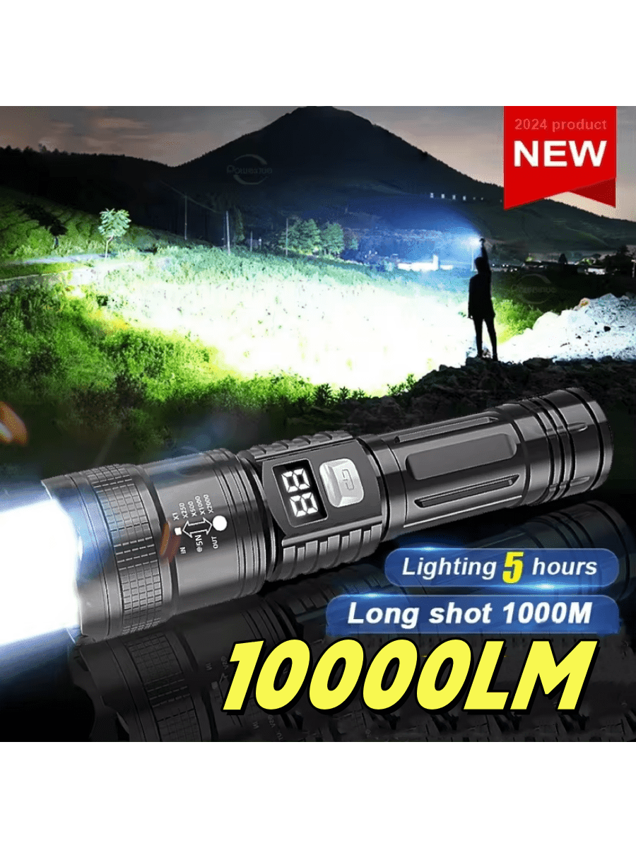 2024 Super Powerful 10000 Lumens LED Flashlight Super Bright Remote Control High Power Tactical Flashlight USB Telescopic Zoom Rechargeable Built-In Battery Portable Outdoor Camping Light Strong Light