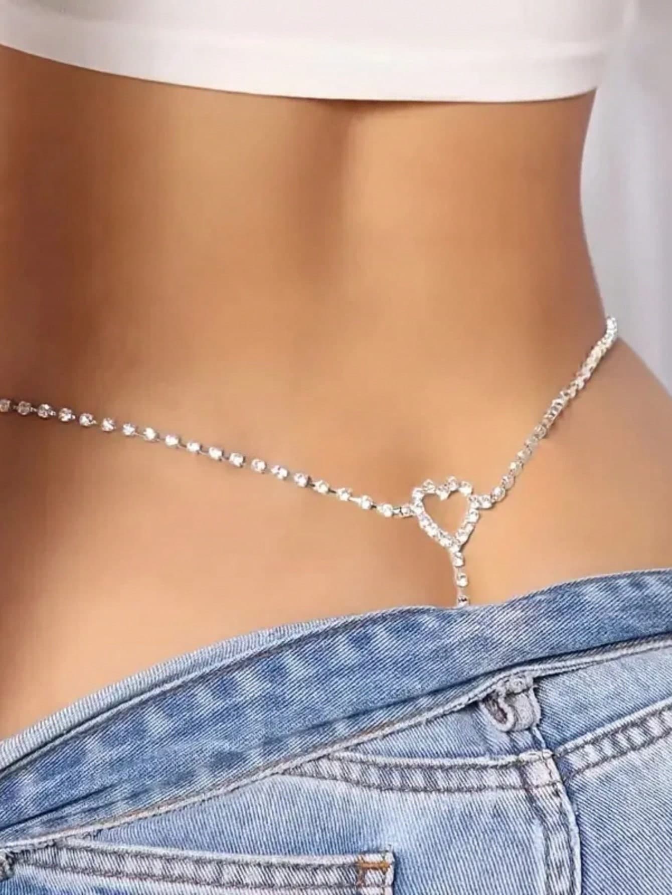 1PC Sexy Crystal Heart Thong Panties Body Chain Lingerie Jewelry For Women Shiny Festival Outfit Rhinestone Belly Waist Chain Beach