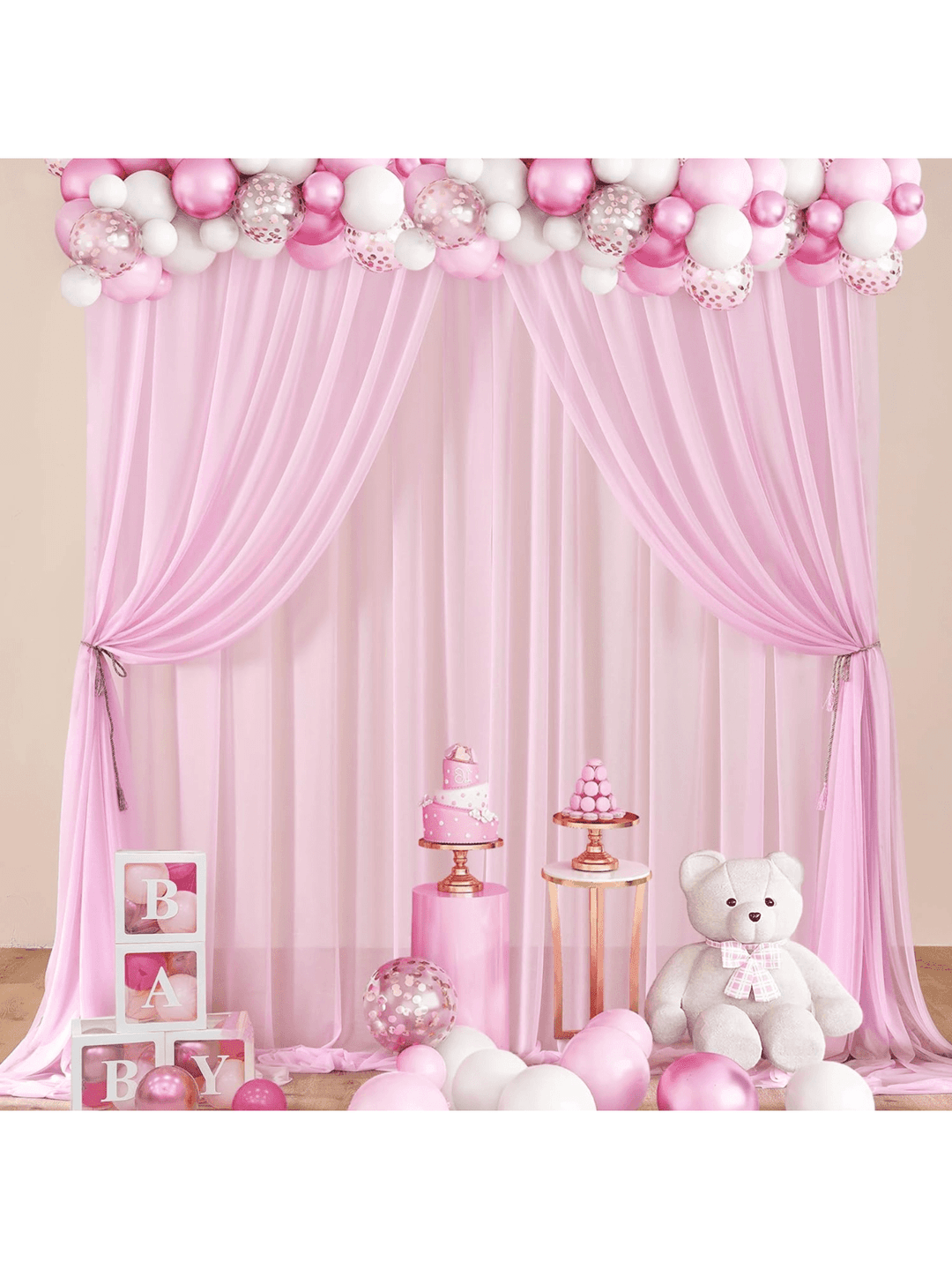 20ft * 8ft Light Pink Sheer Chiffon Backdrop Curtain For Parties 4 Panels 5*8ft Wrinkle Free Slight Glimmer Backdrop Drapes For Birthday Wedding Photo Photography Backgrounds
