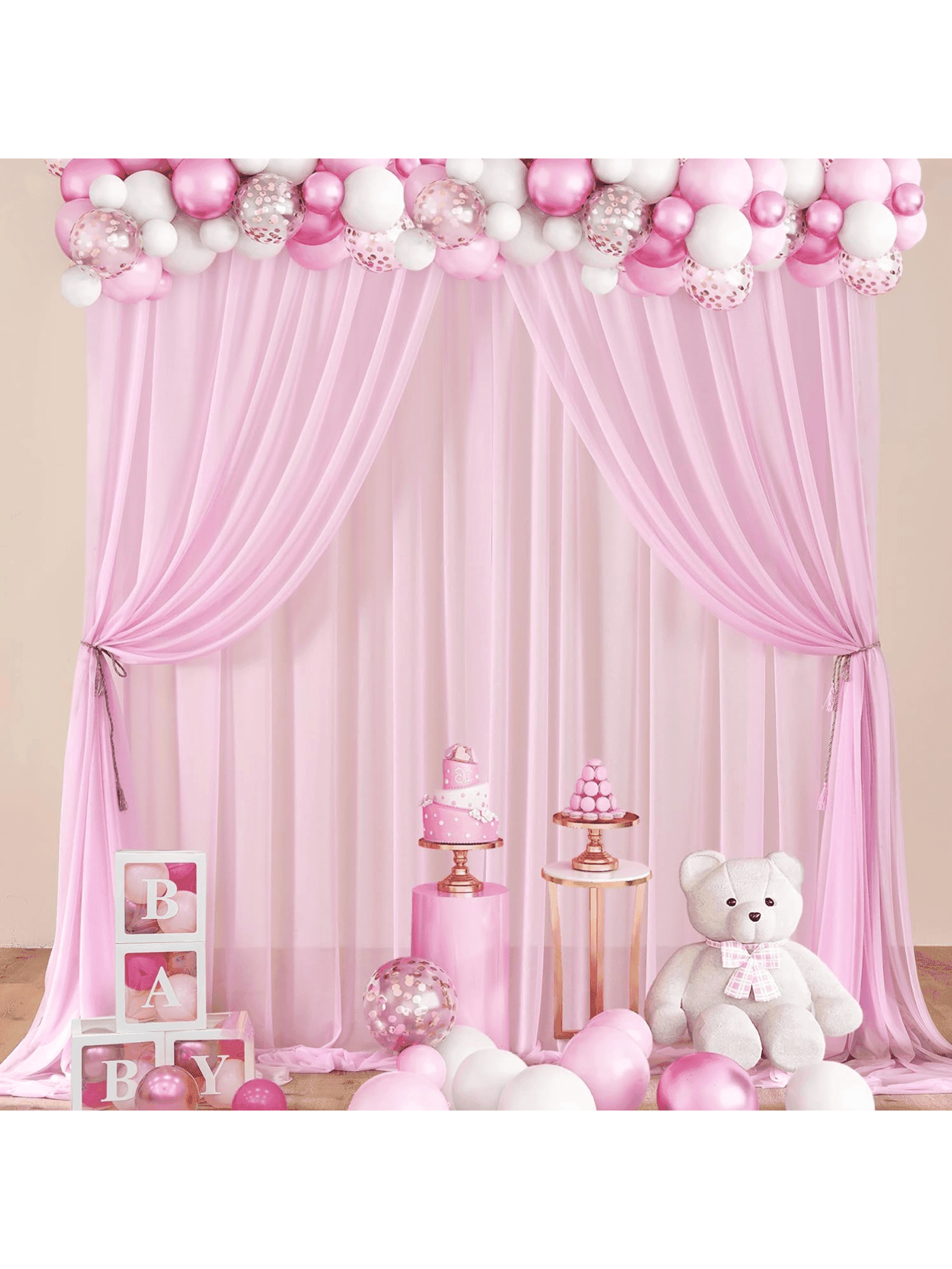20ft * 8ft Light Pink Sheer Chiffon Backdrop Curtain For Parties 4 Panels 5*8ft Wrinkle Free Slight Glimmer Backdrop Drapes For Birthday Wedding Photo Photography Backgrounds