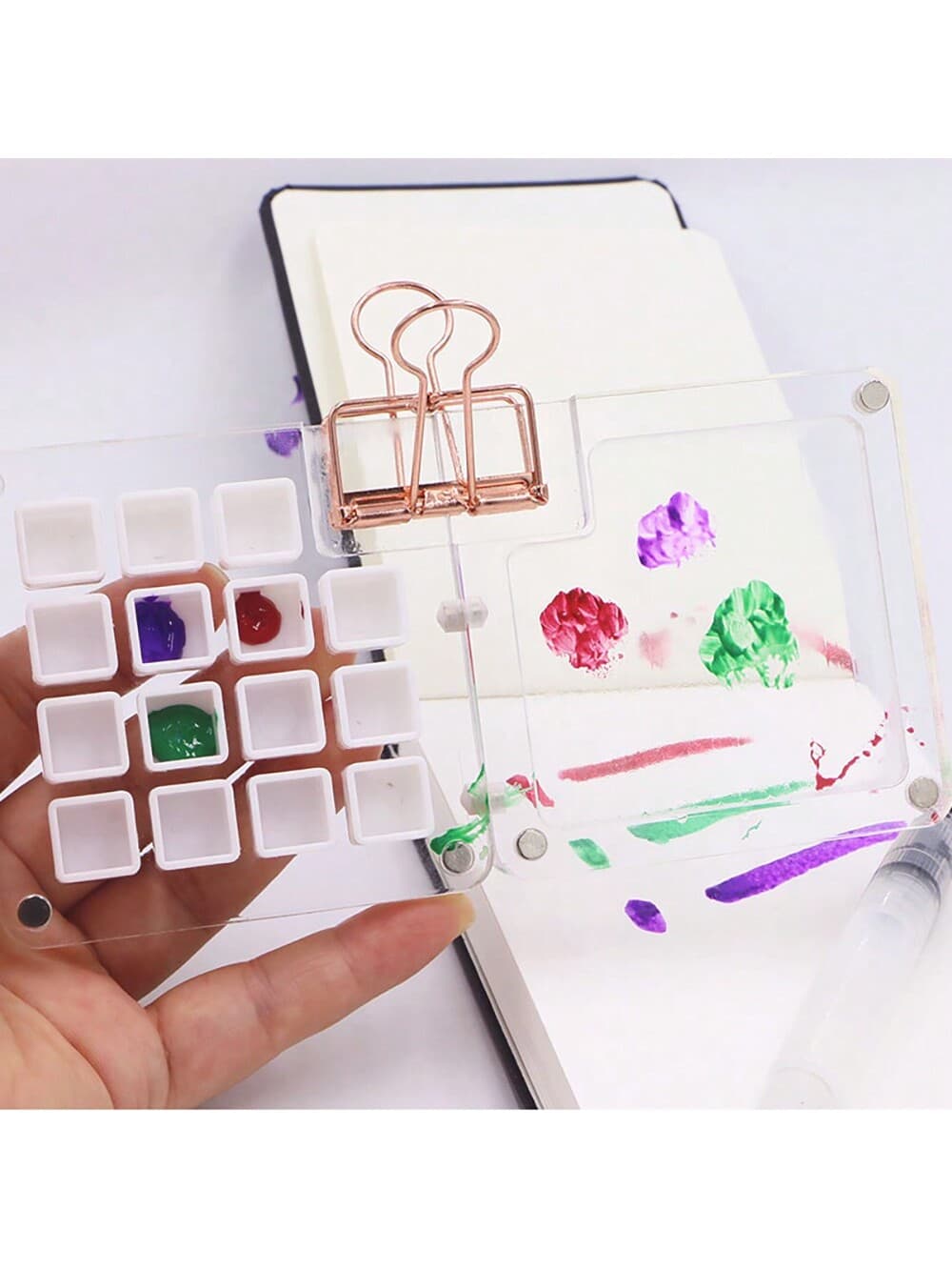 1 Set Mini Portable Watercolor Palette With Grid Paint Box Set, Watercolor Paper Pad Watercolor Sketch Book Watercolor Brush Pens With Binder Clips For Painters Artists Students (15 Grids)