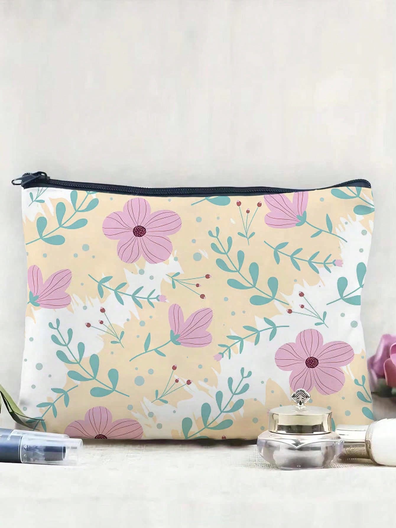 Flower Pattern Linen Cosmetic Bag