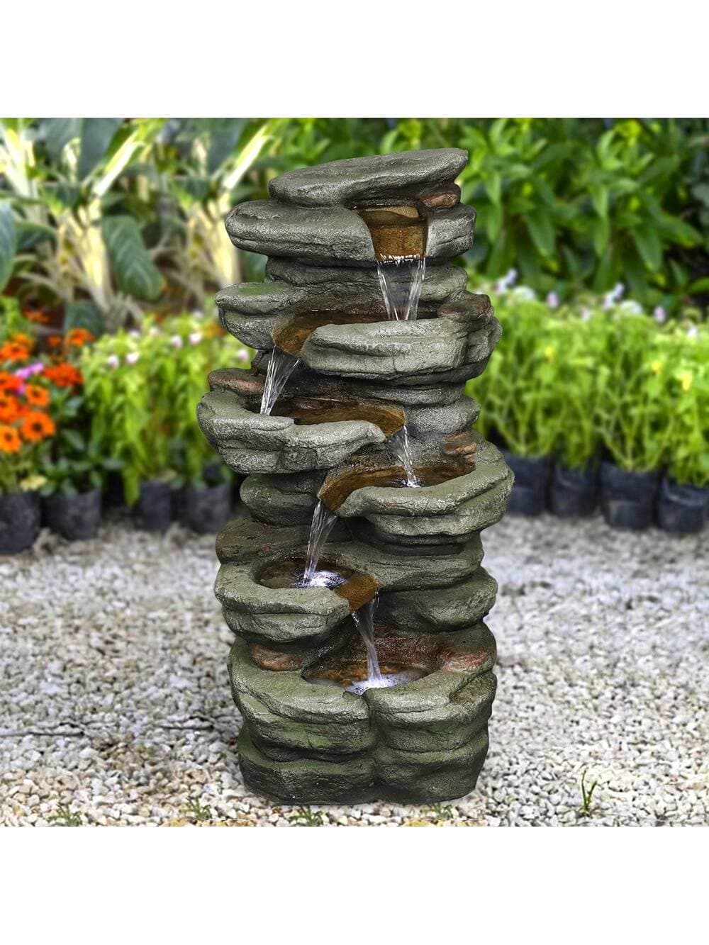 30.7inches Outdoor Water Fountain - 6-Tiers Rock Waterfall Fountain With Led Lights For Home Garden Decor