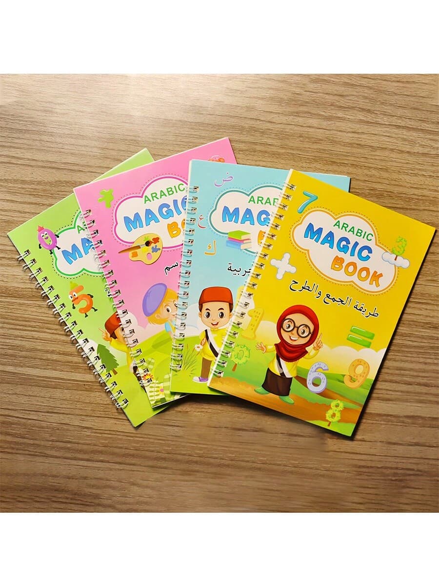 1 Set Of 4 Reusable Magic Books, Arabic Alphabet Children's Writing Board, Word Practice Books, Calligraphy Practice Toys.