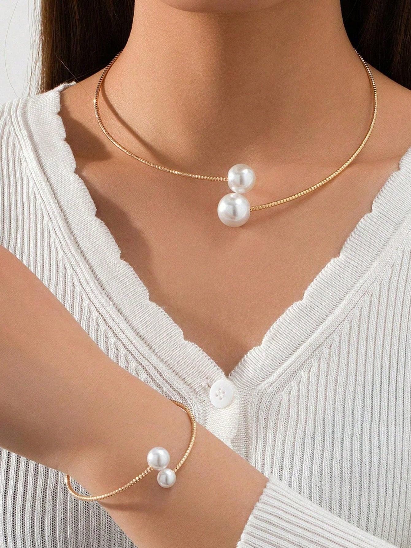 1 Set Simple & Fashionable Gold-Color Adjustable Open Bangle And Necklace Suit, Elegant Gift For Women