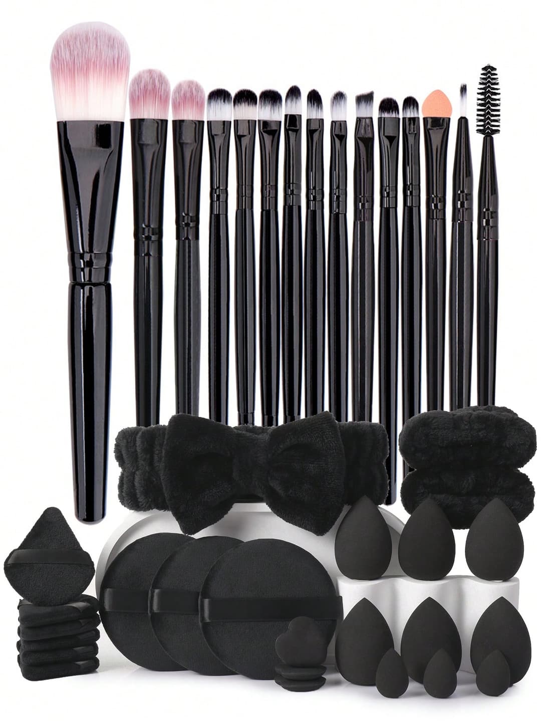 15 Old Black And Black Eye Brushes + 24 Beauty Eggs Puffs Hair Bands Wristbands Complete Set Of Beauty Tools For Face And Eyes