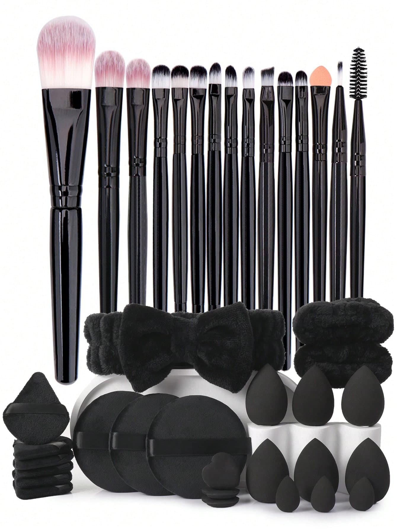 15 Old Black And Black Eye Brushes + 24 Beauty Eggs Puffs Hair Bands Wristbands Complete Set Of Beauty Tools For Face And Eyes