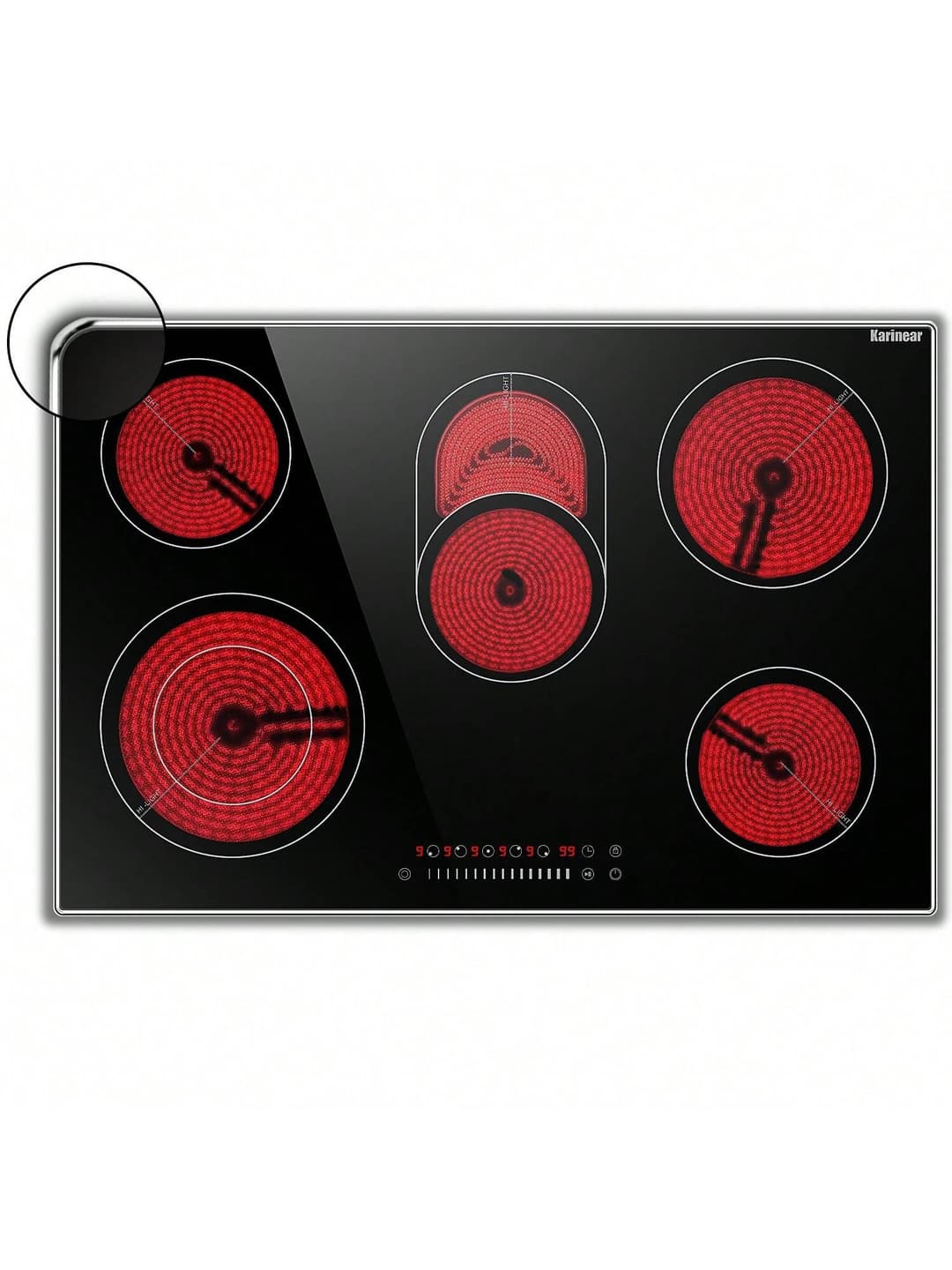 Karinear Electric Cooktop 30 Inch, 8400w 5 Burners Electric Stove Top, Countertop & Built-In Ceramic Cooktop With Glass Protection Metal Frame, Multifunctional Cooktop For 220-240v, Hard Wire, No Plug