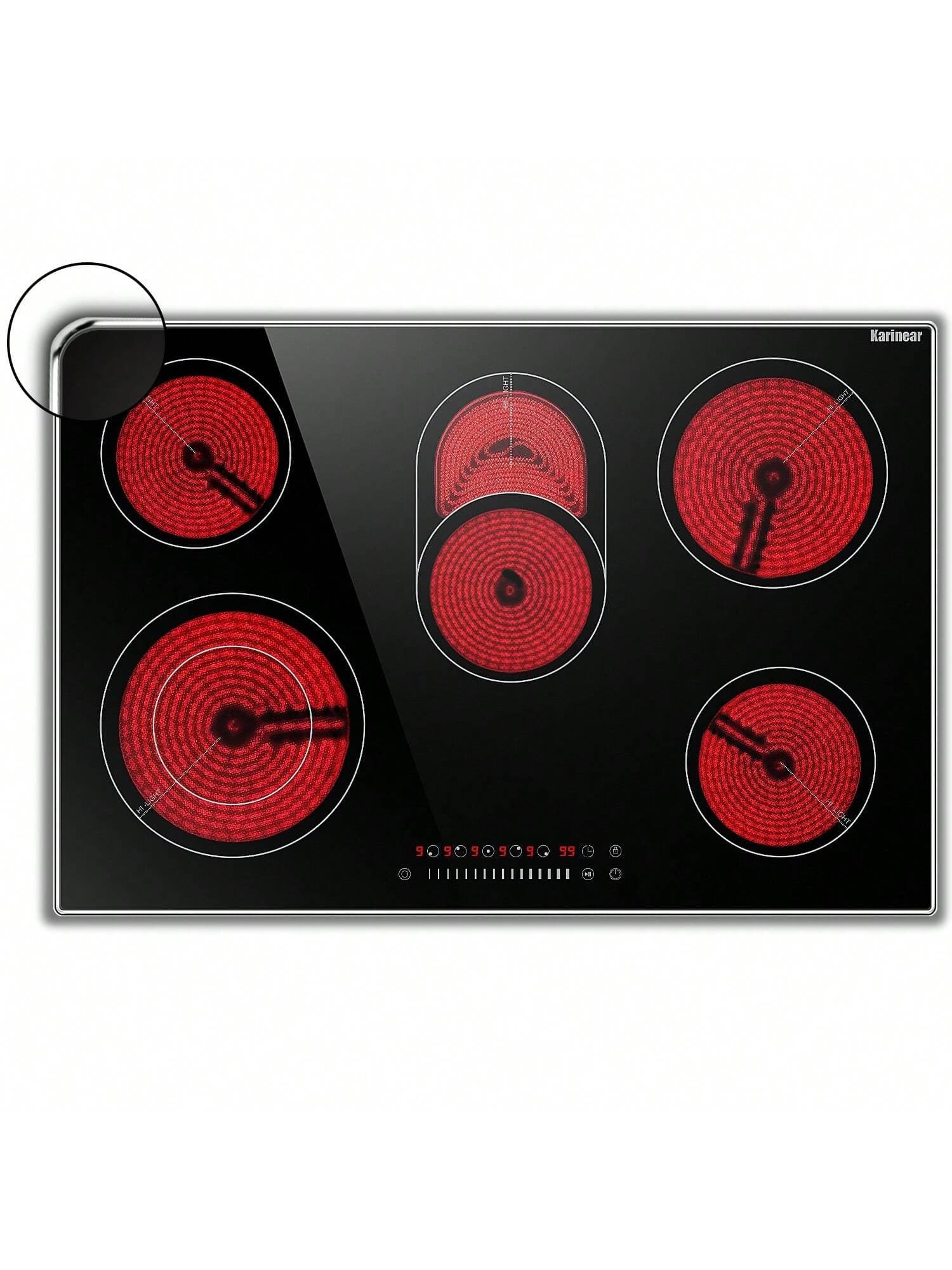 Karinear Electric Cooktop 30 Inch, 8400w 5 Burners Electric Stove Top, Countertop & Built-In Ceramic Cooktop With Glass Protection Metal Frame, Multifunctional Cooktop For 220-240v, Hard Wire, No Plug