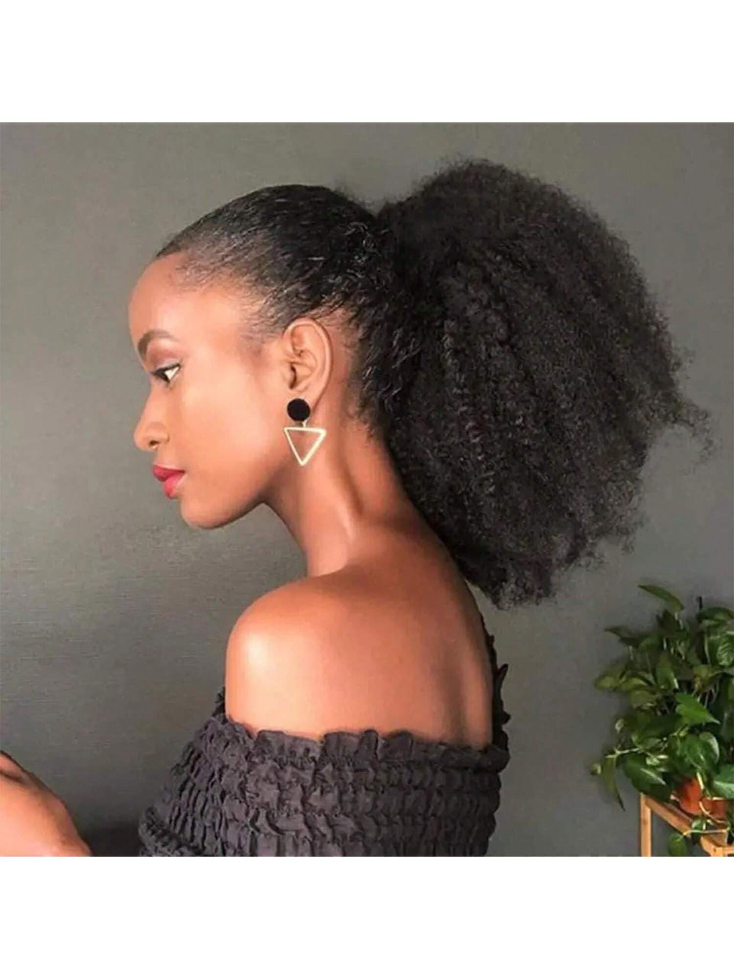 Synthetic African Fluffy Drawstring Ponytail Hair Extensions For Women Short African Curling Clip Curly Drawstring Bun (1B )