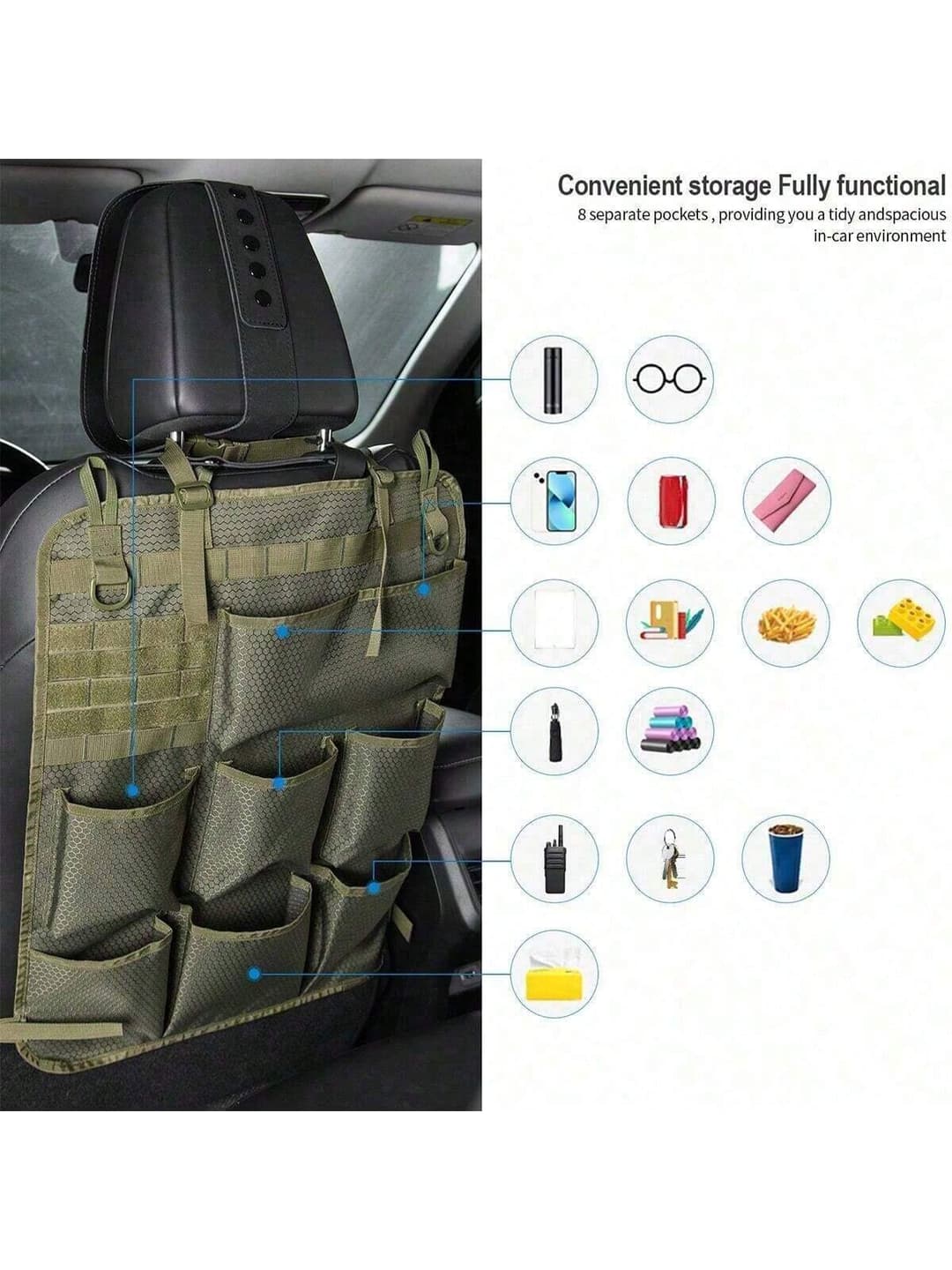 Tactical Car Seat Back Storage Bag, Universal Car Rear Seat Protector, Upgraded 8 Cup Holder, Tool Accessory Storage Bag, Excellent Gift For Men