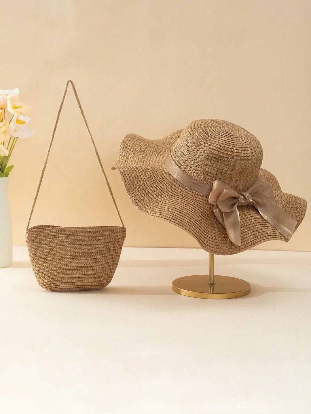 2pcs Women's Khaki Wavy Bow Beach Sun Hat And Straw Handbag 2-Piece Set, Suitable For Travel