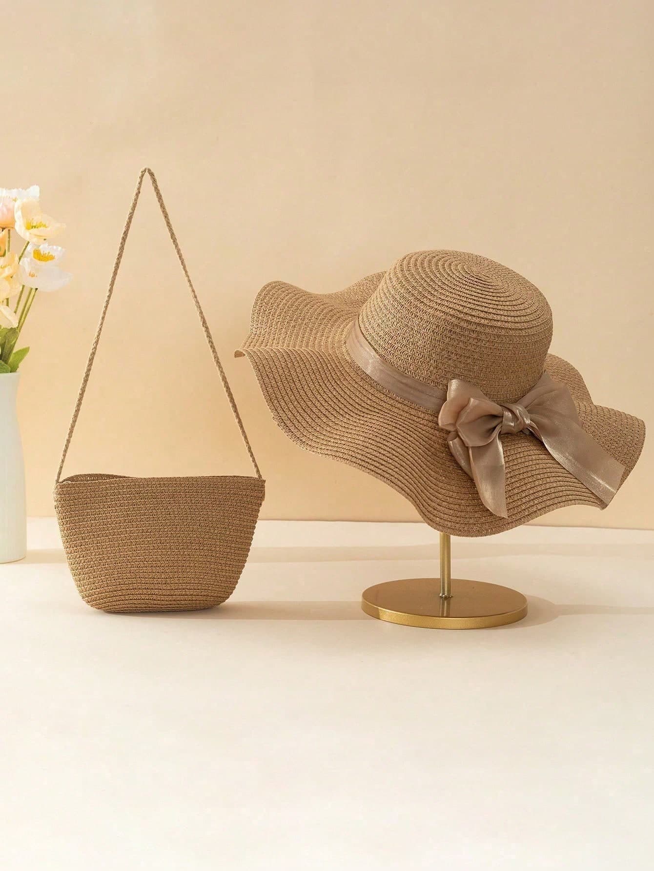 2pcs Women's Khaki Wavy Bow Beach Sun Hat And Straw Handbag 2-Piece Set, Suitable For Travel