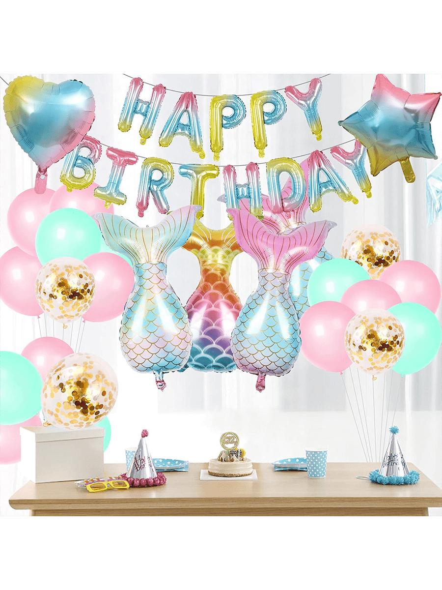 21pcs Mermaid Theme Happy Birthday Balloon Set - Happy Birthday Letter Balloons, Mermaid Tail Balloons, Star & Heart Balloons, Pink, Mermaid, Underwater, Birthday Party, Celebration, Anniversary, Adult Party Decoration
