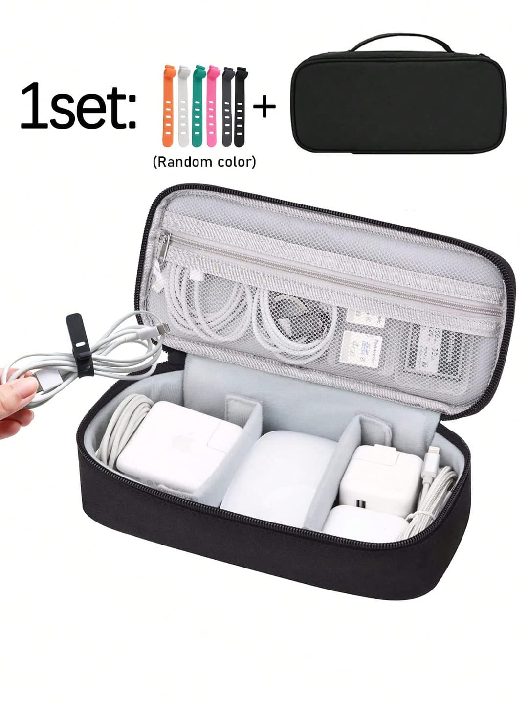 1set Includes 1pc Black Electronic Organizer Travel Case And 6pcs Silicone Cable Ties, Travel Essentials Bag, Cable, Charging Cable, External Hard Drive, Portable Power Bank (With Random Zipper), Suitable For Headphones, Phone Chargers, Mice, Audio, Computers, Reusable Cable Ties, And Cable Organizers For Home, Office, Kitchen, And School Use