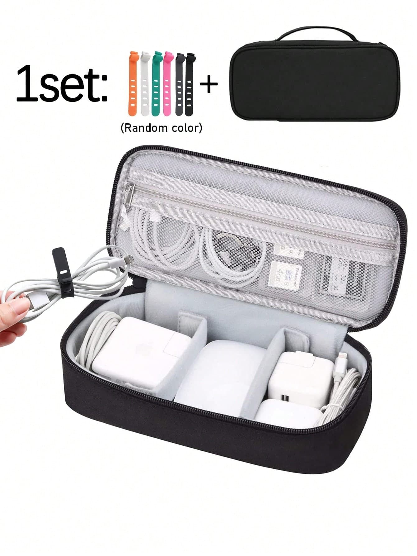 1set Includes 1pc Black Electronic Organizer Travel Case And 6pcs Silicone Cable Ties, Travel Essentials Bag, Cable, Charging Cable, External Hard Drive, Portable Power Bank (With Random Zipper), Suitable For Headphones, Phone Chargers, Mice, Audio, Computers, Reusable Cable Ties, And Cable Organizers For Home, Office, Kitchen, And School Use