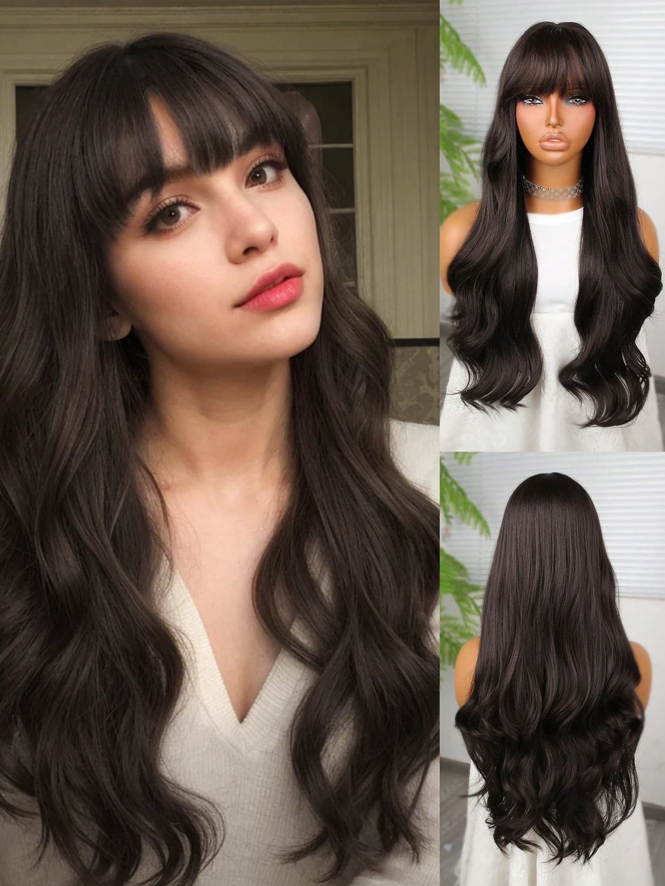 Synthetic Fibre Heat Resistant Wig With Bangs 26 Inch Dark Brown Big Wavy Curly Hair Fully Machine Made For Daily Party Use High Quality For Ladies Natural Looking High Quality Synthetic Soft Wig
