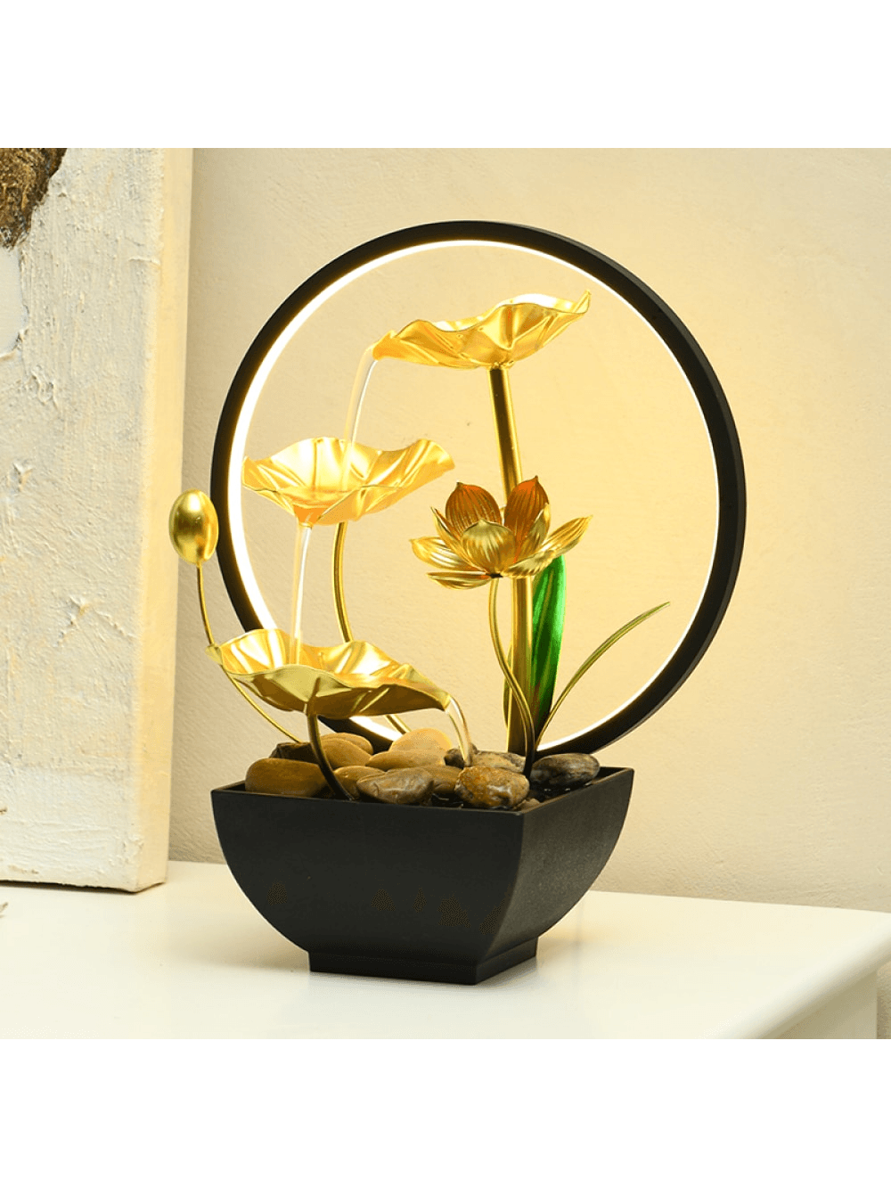 1pc USB Powered Recirculating Desktop Decor With LED Lights, Lotus Design Desktop Fountain, Natural River Stones, Home Decor, Office & Indoor Decoration, Housewarming Gift