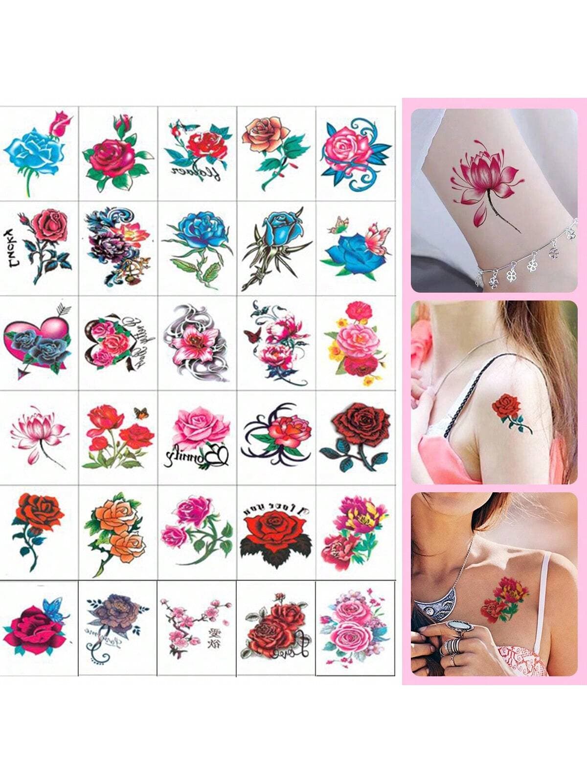 30pcs Waterproof Temporary Tattoos For Women & Girls - Colorful Black Roses, Butterflies, Delicate Designs, Cover Scars, Intimate Area Tattoos