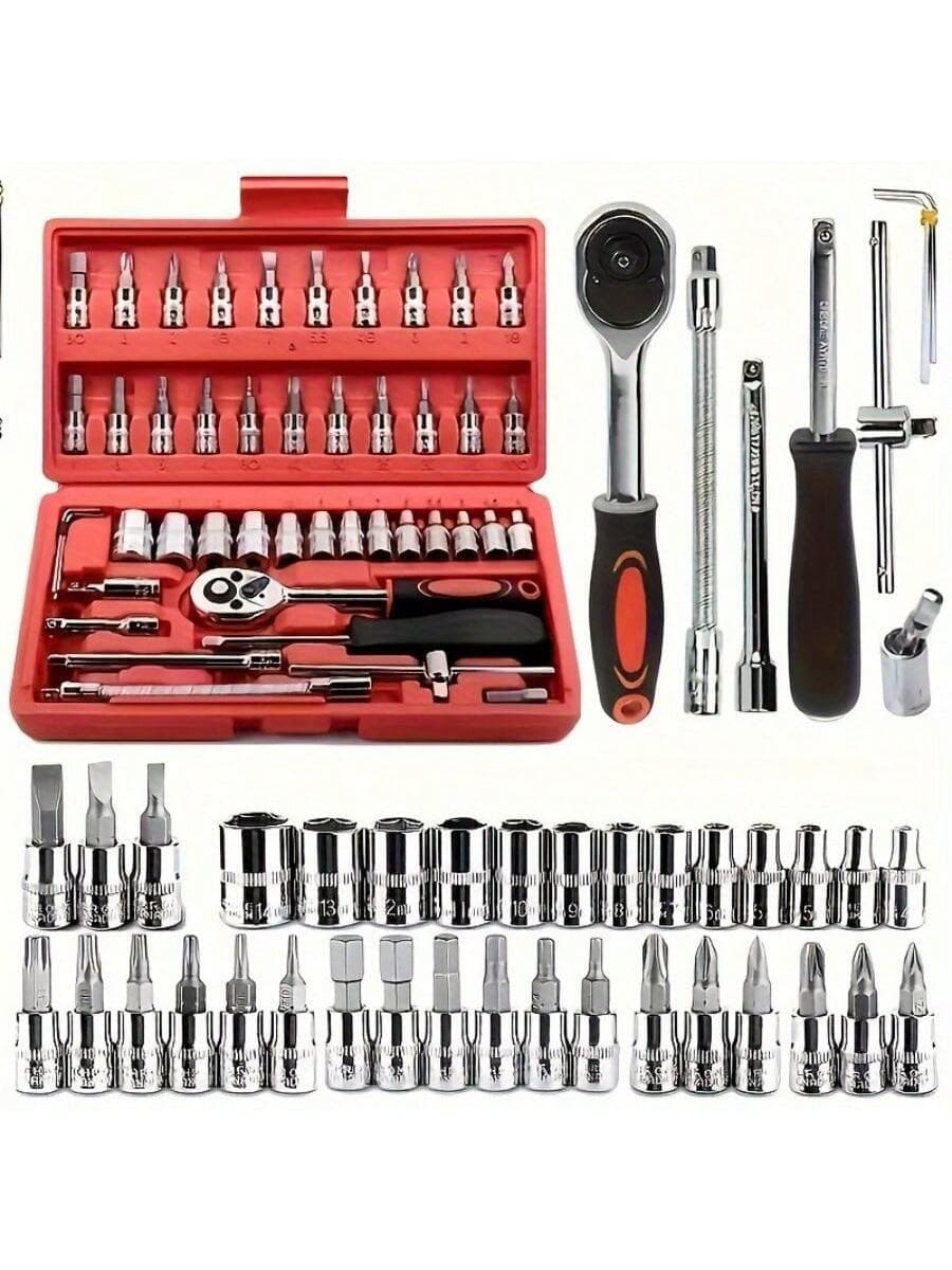 1 Set Of Socket Wrenches, Multifunctional Manual Tool Kit For Driving, Chrome Vanadium Steel, Professional Mechanical Car Motorcycle Bicycle Repair Tool, Durable Metal Shell 46-Piece Professional Socket Set - Durable 1/4 Inch Drive Ratchet Wrench Kit With Metric Sockets For Automotive Repair, Household Tasks, And DIY Projects - Includes Storage Case And Heavy-Duty Metal Construction