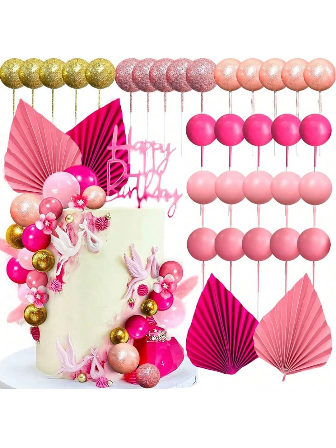 32 PCS Hot Pink Balls Cake Decoration B Aby Shower Cake Decoration Pink Leaves Palm Leaves Cake Decoration Boho Cake Decoration For Wedding Birthday Bachelorette Party
