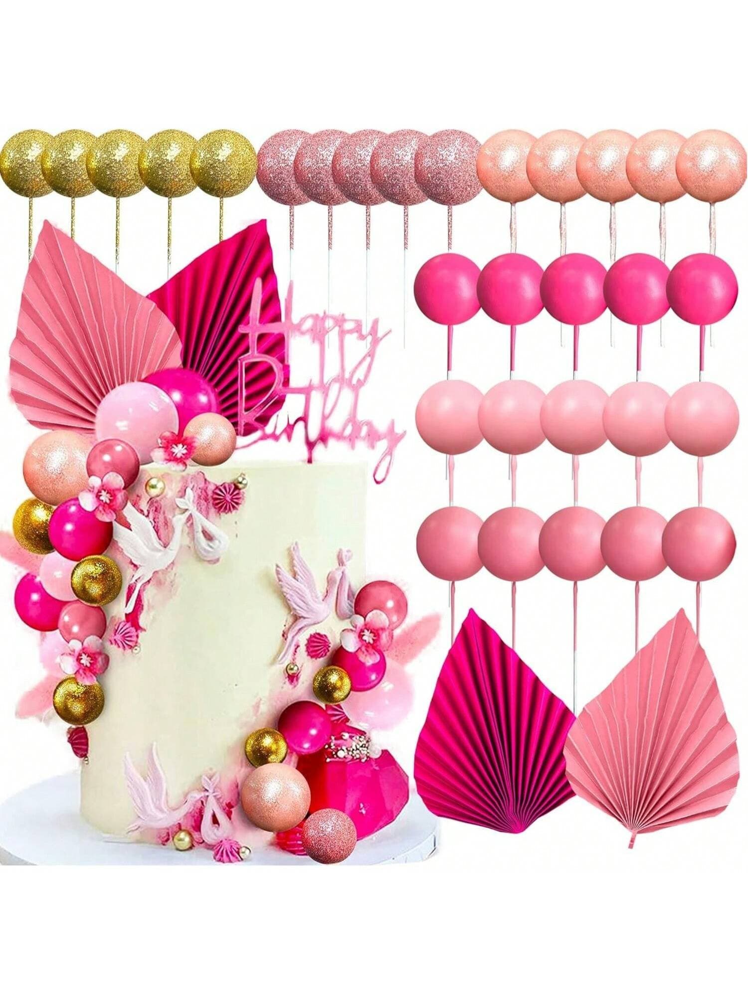32 PCS Hot Pink Balls Cake Decoration B Aby Shower Cake Decoration Pink Leaves Palm Leaves Cake Decoration Boho Cake Decoration For Wedding Birthday Bachelorette Party