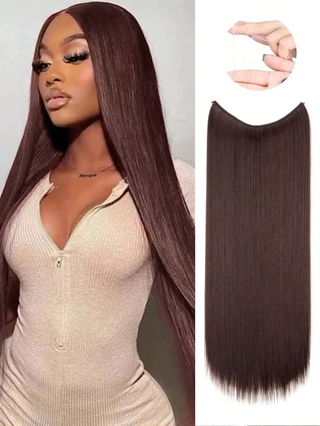 Synthetic Hair Extensions 24" Invisible Wire No Clip In Hair Extensions Secret Fish Line Straight Curly Wig Accessorie Dark Brown High-Temperature Resistant Authentic And Natural