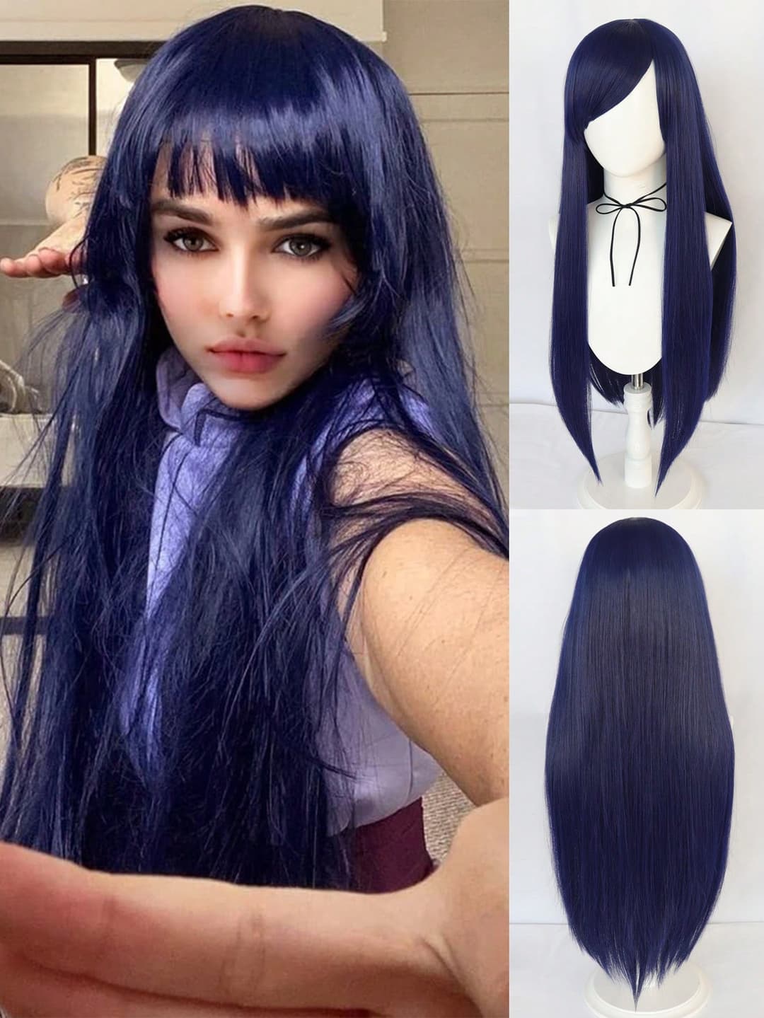 30Inch/80cm Dark Blue Universal Wig Extra Long Straight Hair Wig Heat Resistant Synthetic Wig Comfortable And Stylish Versatile Anime Cosplay Wig With Bangs For Halloween Carnival School Party Wig Straight Super Long Dark Blue Wig With A Long Fringe For Holiday Birthday Gift For Christmas Thanksgiving Day Decorations & 1pc Wig Cap