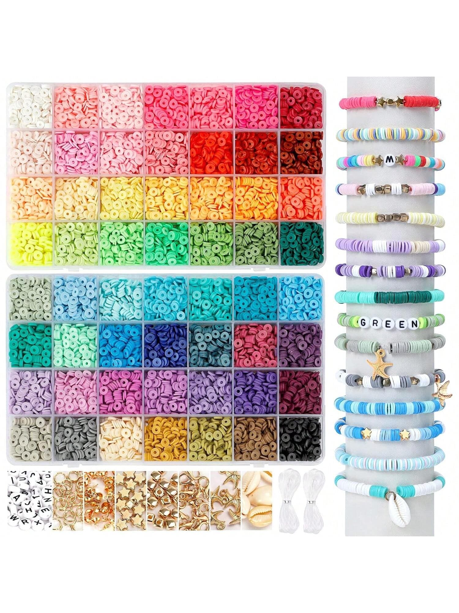 14420pcs Beads For Bracelet Making Kit, 56 Colors Spacer Heishi Beads Flat Round Polymer Clay Beads With Pendant Charms Kits And Elastic Strings
