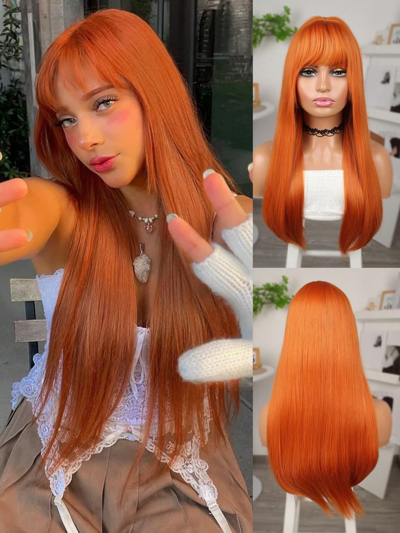 Synthetic Heat Resistant Wigs With Bangs Natural Middle Hairline 24inch Orange Color Straight Hair Full Machine Made Daily Used High Quality For Girl Women Cosplay Natural Looking Good Quality Synthetic Soft Wigs