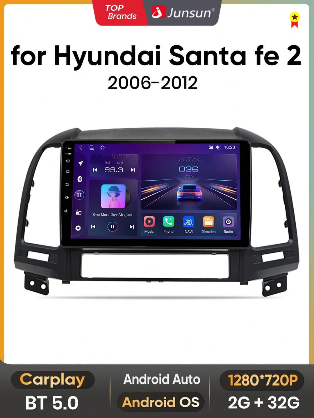 Junsun Android 13 Car Radio Stereo For Hundai Santa Fe 2 2006 2007 2008 2009 2010 2011 2012 Car Auto Radio Built-In Wireless Carplay For Apple & Android Auto 9 Inch Automotive Multimedia Touch Screen 2GB RAM 32GB ROM Car Intelligent Systems Head Unit With GPS Navigation DSP Bluetooth