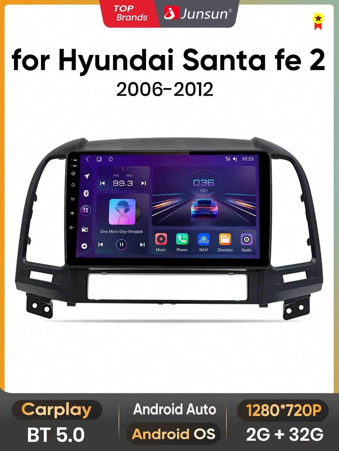 Junsun Android 13 Car Radio Stereo For Hundai Santa Fe 2 2006 2007 2008 2009 2010 2011 2012 Car Auto Radio Built-In Wireless Carplay For Apple & Android Auto 9 Inch Automotive Multimedia Touch Screen 2GB RAM 32GB ROM Car Intelligent Systems Head Unit With GPS Navigation DSP Bluetooth