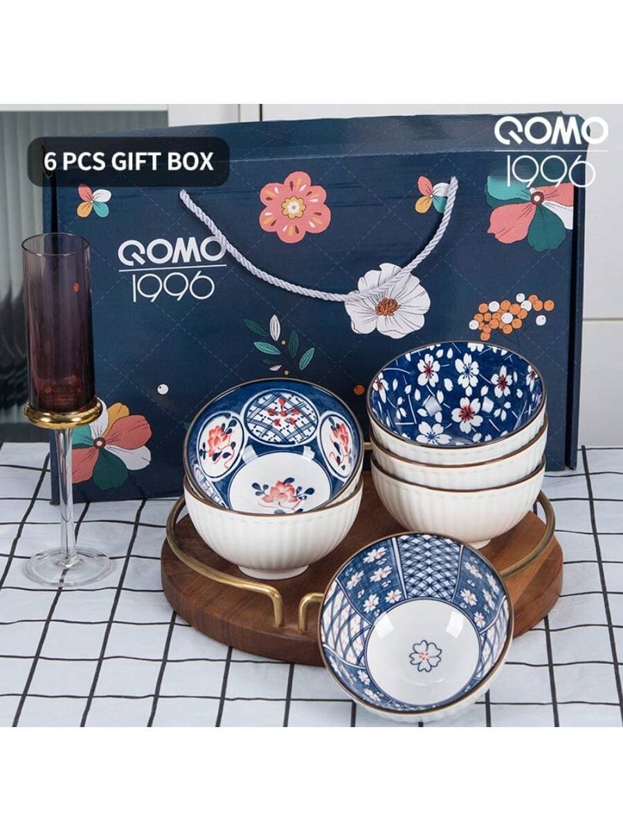 Japanese Style Porcelain Bowls Set Of 6, 10 Oz Blue And White Bowl Gift Set, QOMO 1996, Suitable For Microwave, Dishwasher Safe, Pasta Bowl, Rice/Cereal Bowls, 4.5 Inch