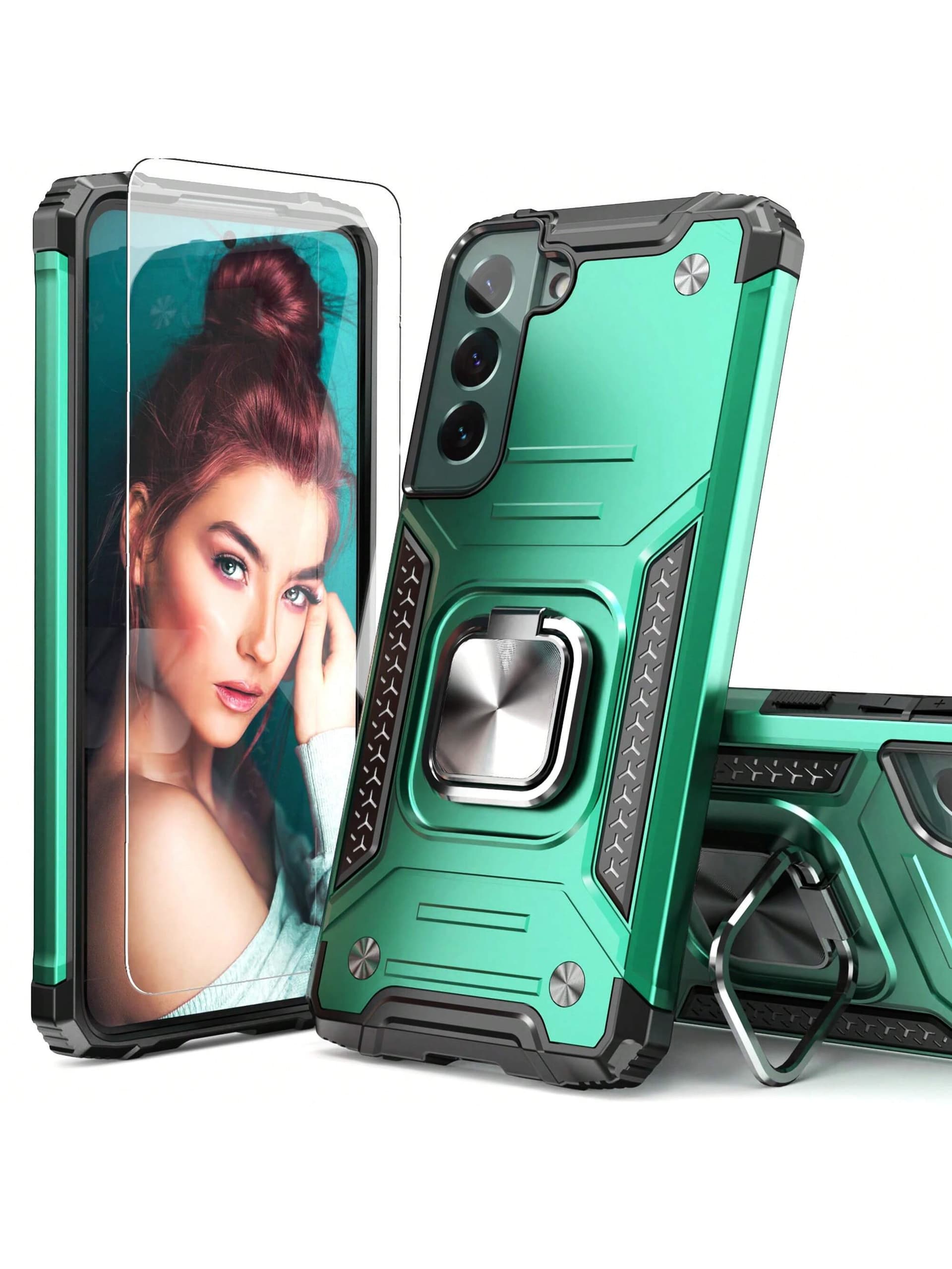IDsarah For Galaxy S22 Case With Protector,Shock Absorption Heavy Duty Sturdy Drop Test Slim Cover With Car Mount Kickstand Lightweight Protective Phone Case For Galaxy S22 6.1 Inch,Red,Black,Blue,Rose Gold,Dark Green