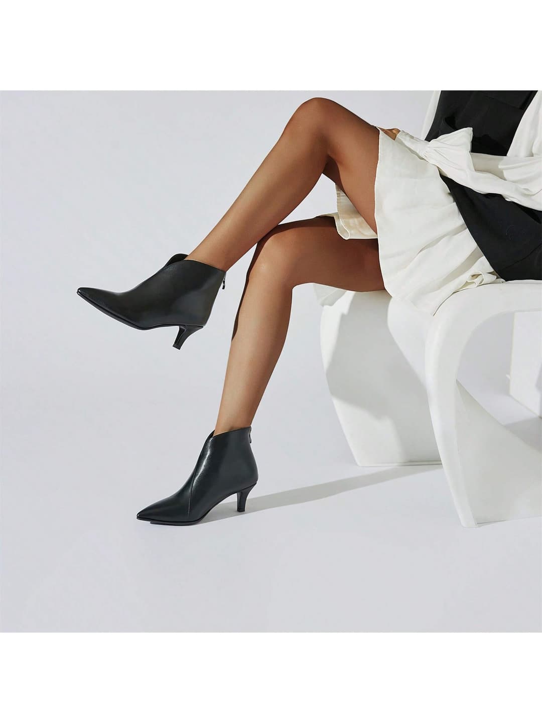 Women's Kitten Heel Booties Pointed Toe Low Stiletto Side Zipper Ankle Boots Shoes