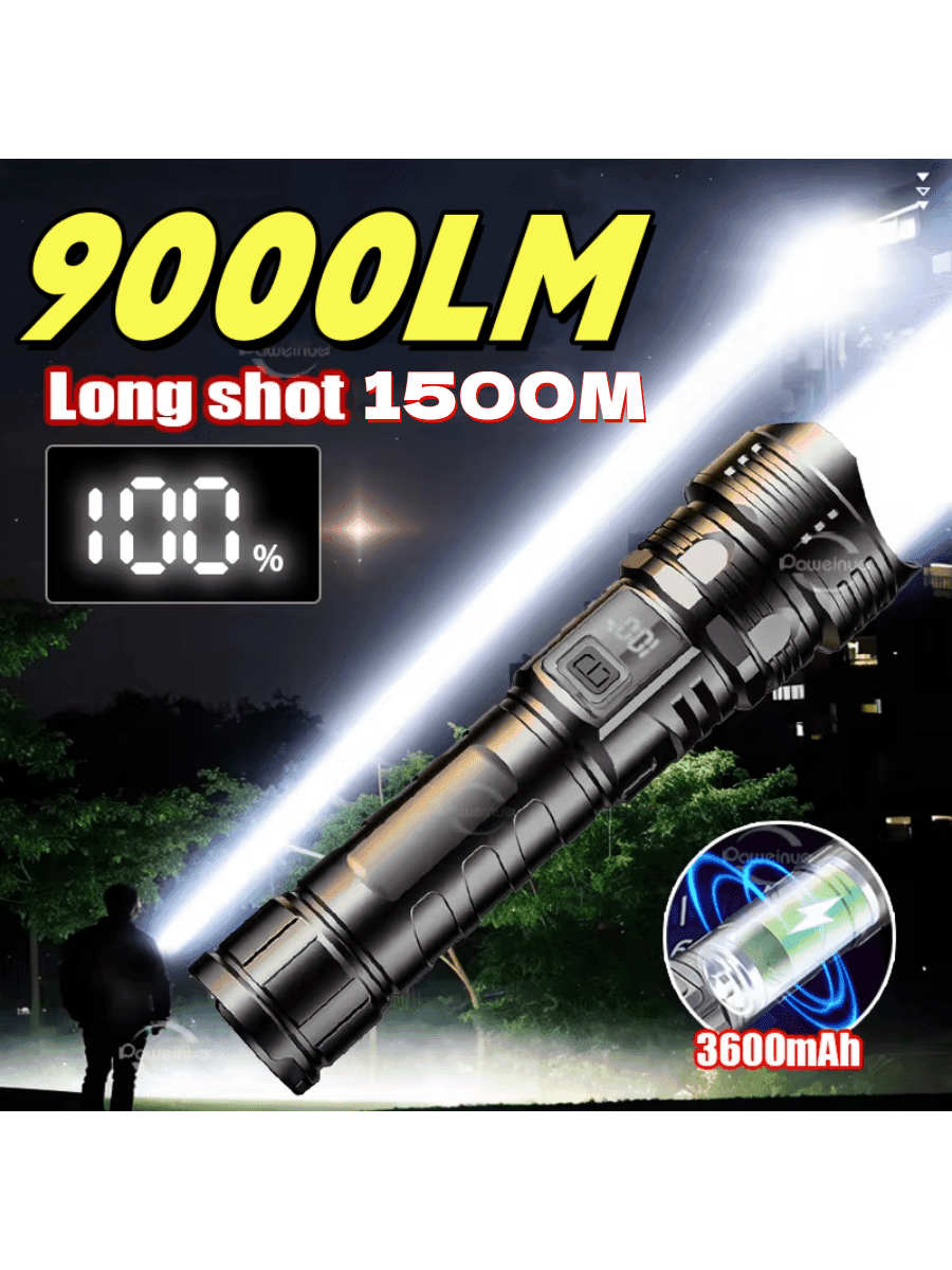 2024 New Portable Powerful LED Flashlight High Power Super Bright Tactical Light Rechargeable Telescopic Zoom Waterproof With LED Power Display Lantern Built-In 3600 MAh Battery Flashlight Fishing Light Emergency Light White Laser